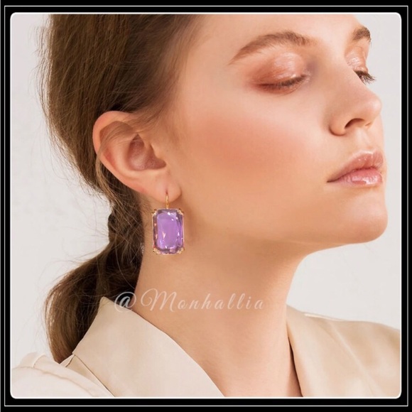 14K GOLD MEGA EMERALD CUT SIMULATED CLEAR PURPLE TOPAZ CUSHION EARRINGS - Picture 3 of 5